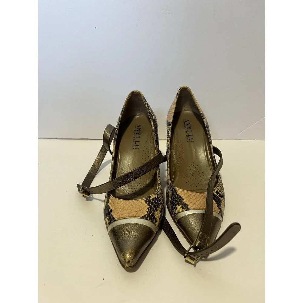 Anyi Lu Snake Skin Pointed-Toe Mary Jane Pumps